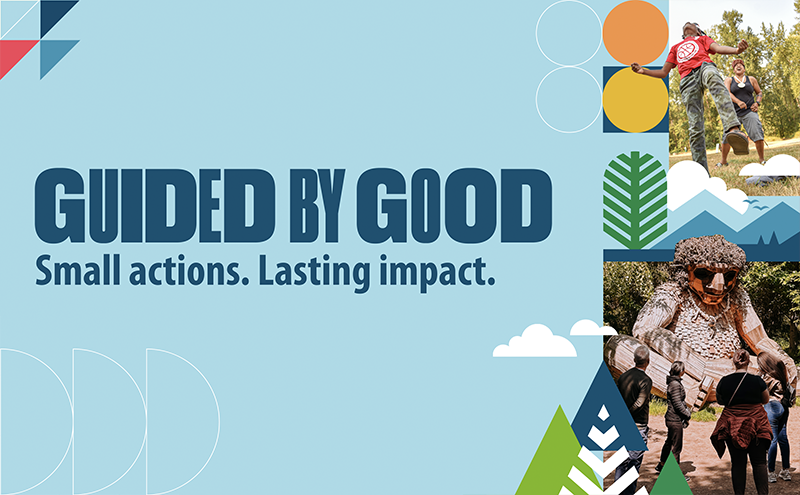 A light blue promotional banner reading "Guided by Good — Small actions. Lasting impact." in bold dark blue text, with colorful geometric shapes including illustrated trees and mountains. Two photos are inset on the right: a youth in a red shirt leaping joyfully into the air outdoors while adults cheer nearby, and visitors standing before a large whimsical wooden troll sculpture in a forested park.