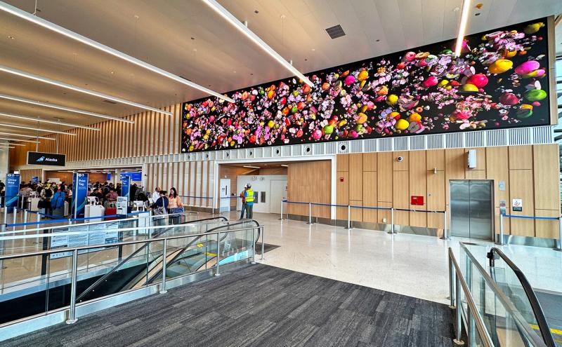 North end Ticketing Level with digital art by Jennifer Steinkamp