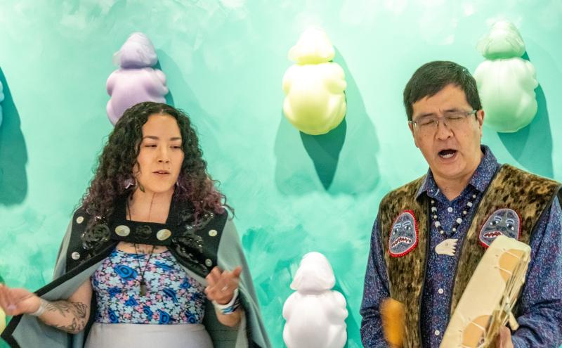 Crystal Worl celebrates her installation at Concourse C