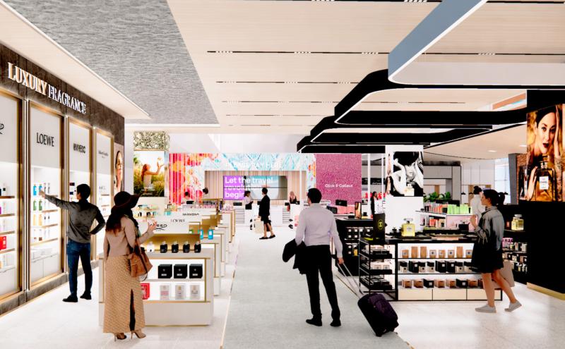 Architectural rendering of duty-free shops with products on shelves and in glass cases