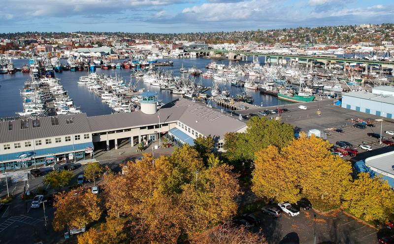 Aerial shot of Fishermen's Terminal Fishermen's Center Building and marina