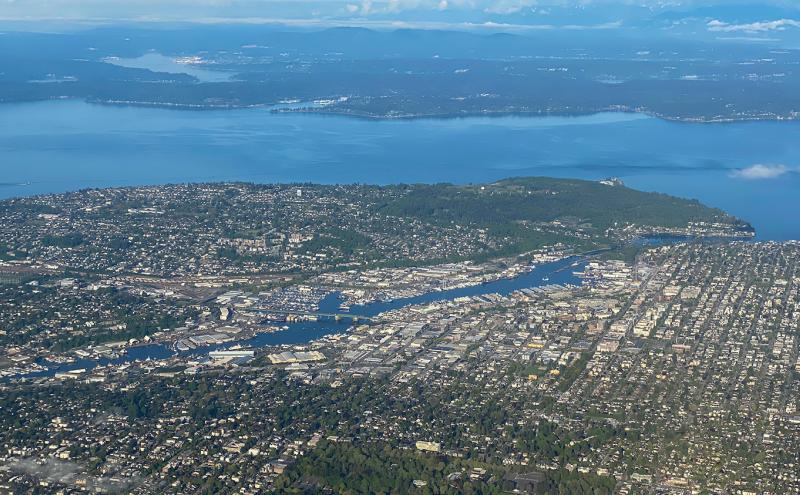 Aerial shot of Elliott Bay, Seattle, and Puget Sound.