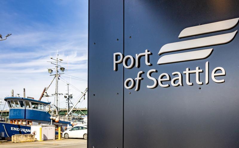 Port of Seattle sign on Maritime Innovation Center overlooking marina