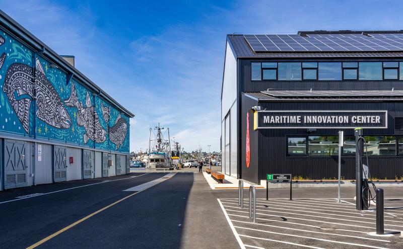 Maritime Innovation Center and fish mural on adjacent building
