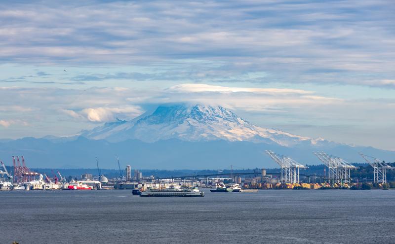 View of Mount Rainier, cargo terminals, and Elliott Bay from Magnolia.