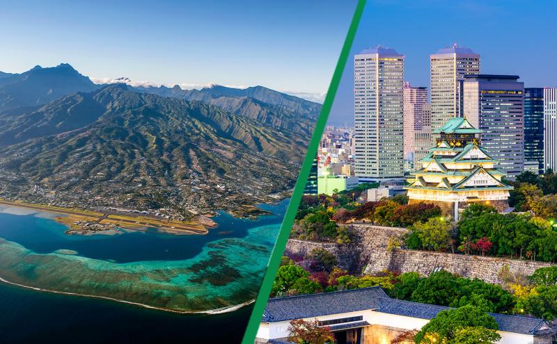 A collage of the shoreline and mountains around Papeete, Tahiti, and buildings and gardens in Osaka, Japan