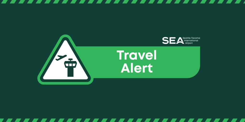 Graphic logo including the SEA Airport logo and the words Travel Alert