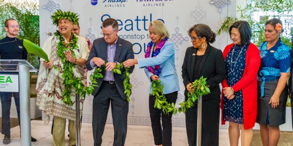 Leadership figures from the Port of Seattle and Alaska Airlines participate in ceremonies celebrating the debut Alaska Airlines service from Seattle-Tacoma International Airport (SEA) to Seoul. 