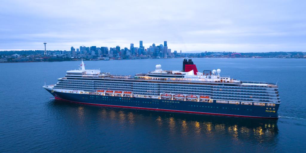 The Cruise ship Queen Elizabeth, operated by the Cunard Line, in front of the Seattle waterfront