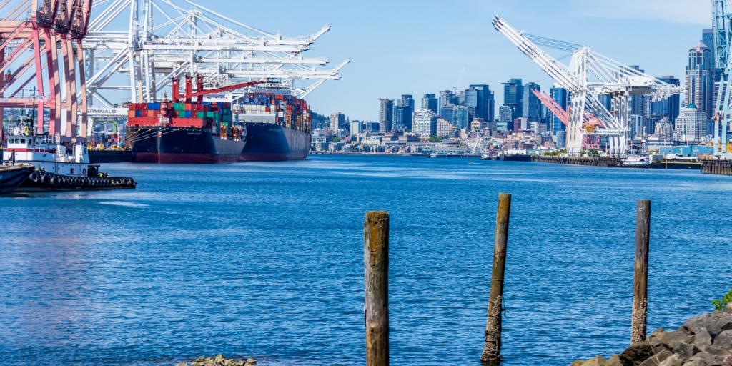 View of the Seattle Waterfront and container ships from the East Waterway