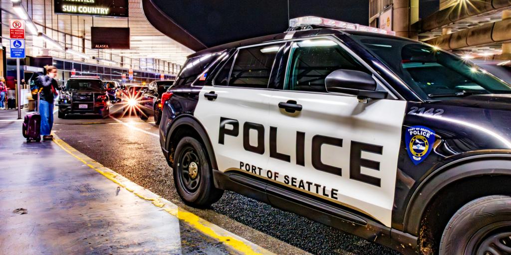 Port of Seattle Police Department vehicle parked on the Departures drive at Seattle-Tacoma International Airport