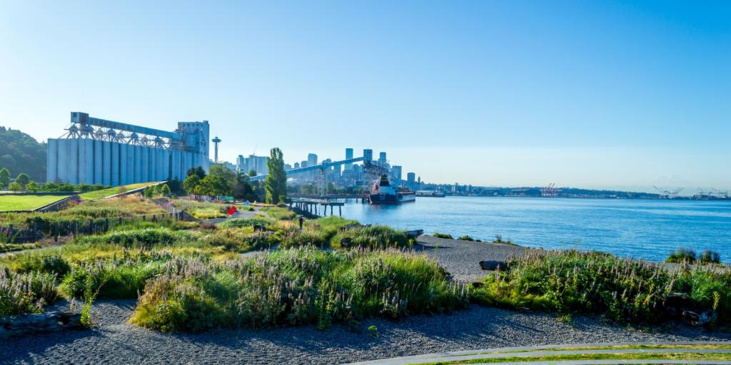 View of Centennial Park on the Seattle waterfront with the grain terminal and Mount Rainier