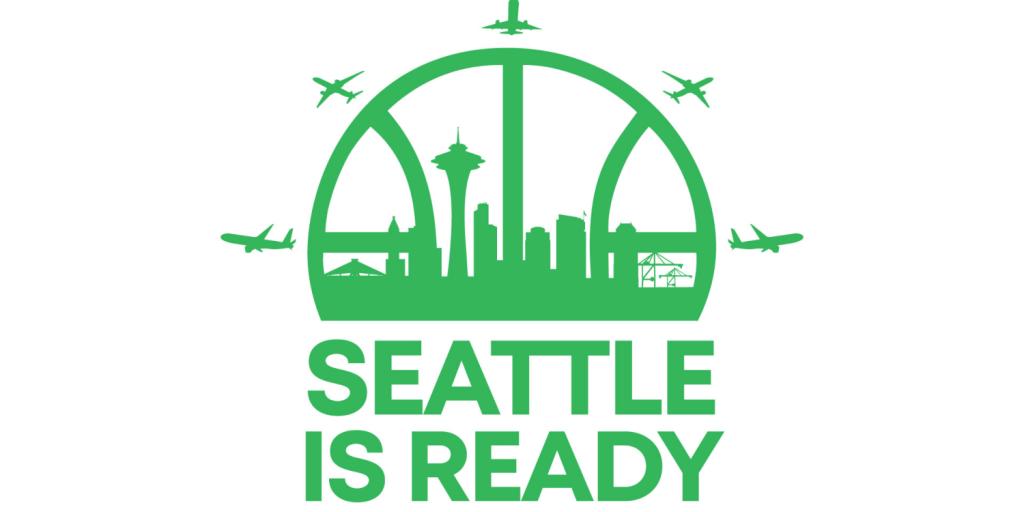 Graphic logo combining images of jets with the classic logo of the Seattle SuperSonics, with the words 'Seattle is ready'