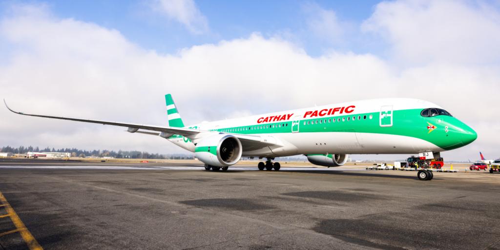 Cathay Pacific’s Airbus A350 aircraft at Seattle-Tacoma International Airport