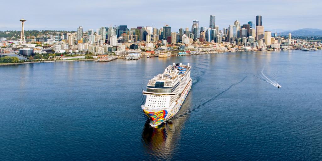 The Norwegian Cruise Line Encore leaves Bell Harbor Cruise Terminal in September 2023 for a cruise to Alaska