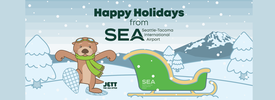 Jett the SEA Otter and a sleigh with a Happy Holidays greeting