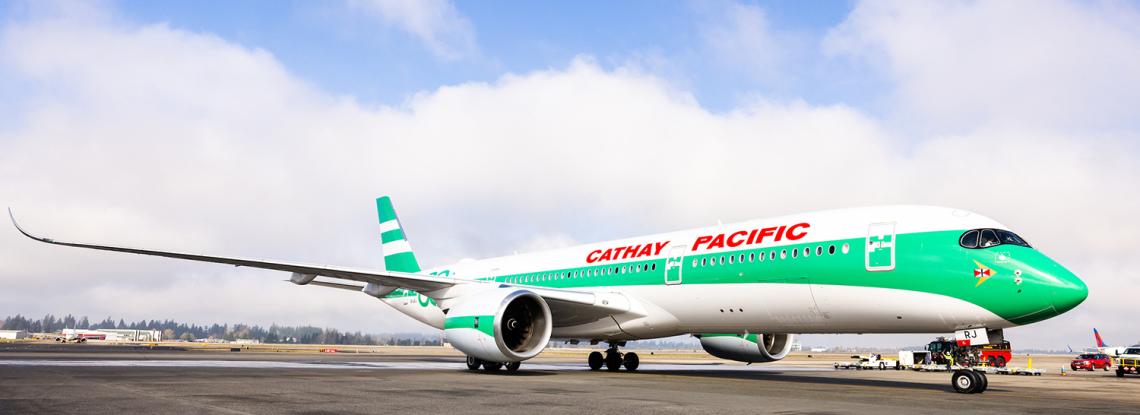 Cathay Pacific’s Airbus A350 aircraft at Seattle-Tacoma International Airport