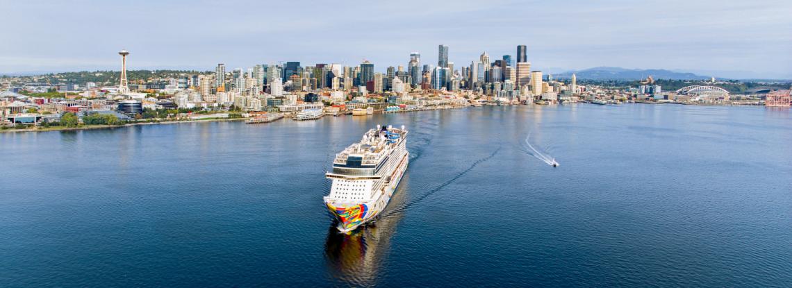 The Norwegian Cruise Line Encore leaves Bell Harbor Cruise Terminal in September 2023 for a cruise to Alaska