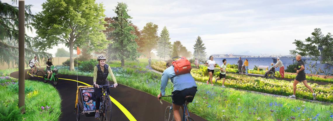 Rendering of bike and walking path through Elliott Bay Connections parks.