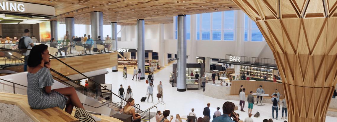 Rendering of the Grand Stair looking down at the Concourse Level and Tree at C