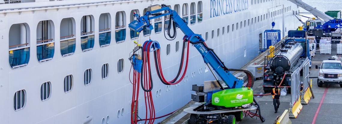 Cruise ship connects to shore power at Pier 91.