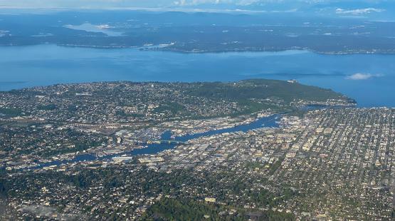 Aerial shot of Elliott Bay, Seattle, and Puget Sound.