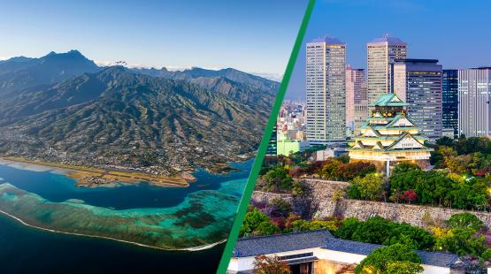A collage of the shoreline and mountains around Papeete, Tahiti, and buildings and gardens in Osaka, Japan