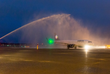 Volaris Airlines Receiving a Water Turret Welcome at Sea-Tac Airport