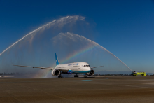 Xiamen Airlines arrives to a turret on it's inaugural flight from Xiamen