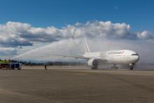 Air France inaugural flight arrives at Sea-Tac with turet salute, March 2018 