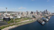 Aerial view of Seattle waterfront from the north at Myrtle Edwards