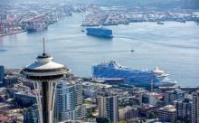 Aerial view of Elliott Bay, including Bell Harbor Cruise Terminal