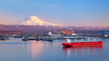 Sunset Illuminates Mt Rainier and The Port of Tacoma, Washington