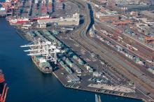 Aerial view of CSCL Xin Chong Qing at Terminal 30, Seattle, WA