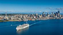 Norwegian Cruise vessel leaves Seattle on a beautiful sunny day