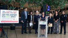 Representatives from Alaska Airlines, The Association of Flight Attendants-CWA, The Port of Seattle Commission, and U.S. Senator Patty Murray, and a Sexual Assault Victim make comments at a Press Conference held at Sea-Tac Airport, Seattle, WA on Sept. 20, 2018