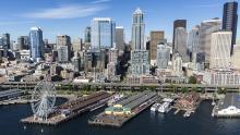 Scenic image of Seattle, WA downtown watefront with the Great Wheel featured