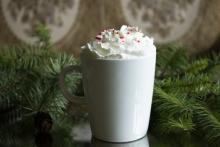 Coffee in a cup with whipped cream and boughs of holiday greenery