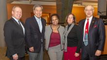 Port of Seattle Executive Director Stephen P. Metruck; Former CEO Tay Yoshitani; OSR Staff Charlene Jones; Commission President Stephanie Bowman; and Director of Social Responsibility Luis Navarro at 10 year anniversary celebration of the Port's OSR, Feb. 19, 2019
