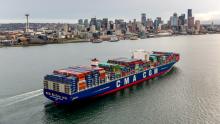 The Benjamin Franklin, a 18,000-TEU capacity container ship, calls in Seattle, Feb. 29, 2016