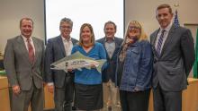 From left to right: Port of Seattle Executive Director Stephen P. Metruck; Port Commissioner Fred Felleman; Port Commission President Stephanie Bowman, Commissioner Peter Steinbrueck; Salmon Safe's Puget Sound Manager, Ellen Southard; Commissioner Ryan Calkins