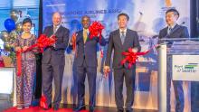 Singapore Airlines Executives and Managing Director, Aviation, Lance Lyttle welcome the inaugural flight of direct route between Singapore and SEA, Sept. 3, 2019