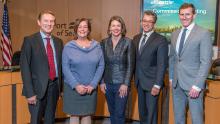 From Left to Right: Port of Seattle Commissioner Peter Steinbrueck, Commission President Stephanie Bowman, and Commissioners Courtney Gregoire, Fred Felleman, Ryan Calkins. Don Wilson photographer. Taken Jan. 2018
