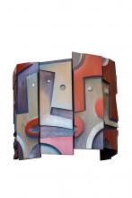 The masks are fragmented — disarranged much as the native cultures of North America have been. However, within each column surround there [is] a subtle sharing of color and carving technique that blurs the rends within an existing culture and serves to advance the thought that a healing is taking place.