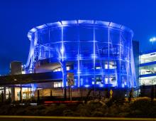 Carbon Veil is Stainless steel wire mesh and LED lighting the color is blue in the night time