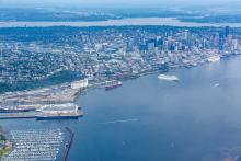 Aerial view of Elliott Bay cruise terminals and waterfront