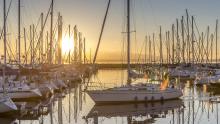 Sunset at Shilshole Bay with sailboats at the docks, Seattle, August 2015