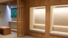 The New Interfaith Prayer and Meditation Room at SEA Airprot has reclaimed Doug Fir wood paneling, cushioned benches, and ambient light, creating a restful and serene space for reflection. March 29, 2020