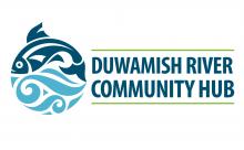 A blue logo with fish and water, and the words Duwamish River Community Hub written on it.