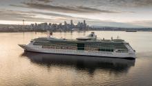 Serenade of the Seas on Elliott Bay in early morning light with Seattle skyline in the distance July 19 2021
